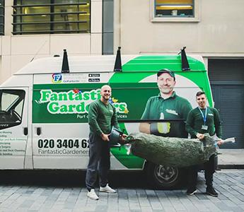 Gardeners standing in front of a van holding a Christmas tree
