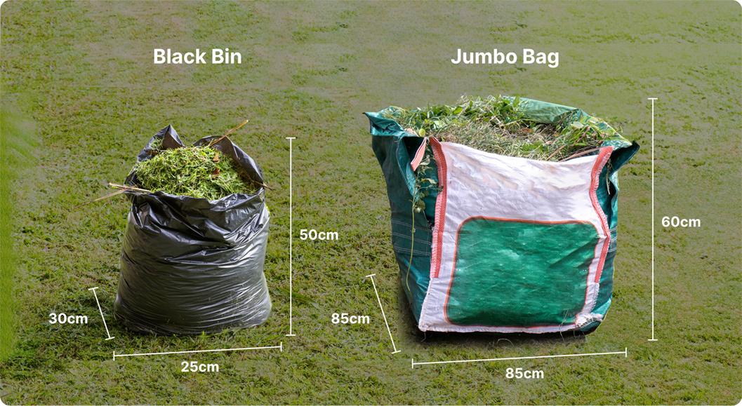 The image shows a black bin waste bag filled with green waste compared to a larger Jumbo bag that is also filled with waste.